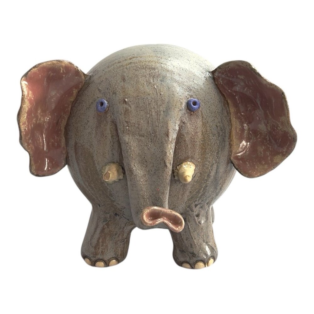 Vtg Elephant Coin Piggy Bank w/Stopper Handmade Pottery Signed 1978 5" H x 6" W